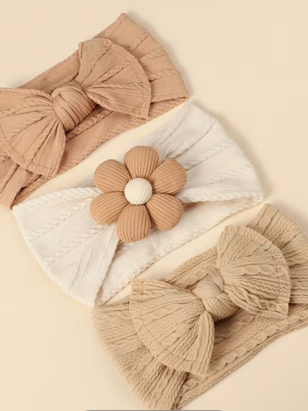 Neutral Ribbed Knit Headband Set with Flower Accent - Kids Accessories
